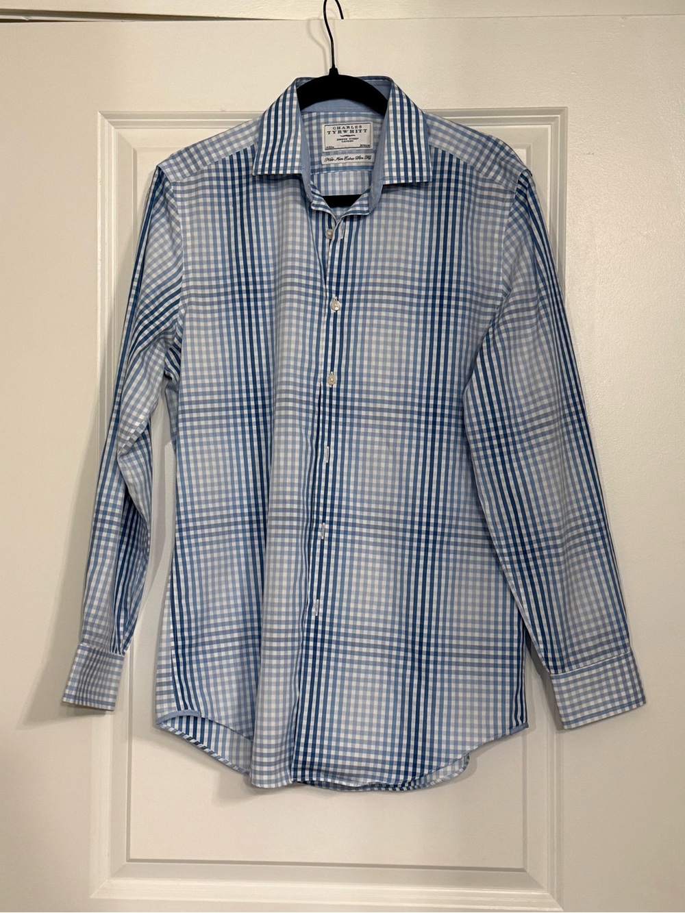 Charles Tyrwhitt Blue White Check Non-Iron Slim Fit Dress Shirt 15/33 - Picture 2 of 6